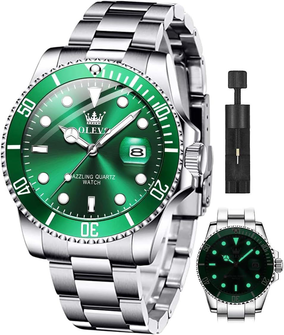 Classic Wrist Watches,Men Business Watches Dress Watch with Day,Green/Black/White/Blue Face,Flywheel Multifunction Luminous Men Stainless Steel Wristwatch