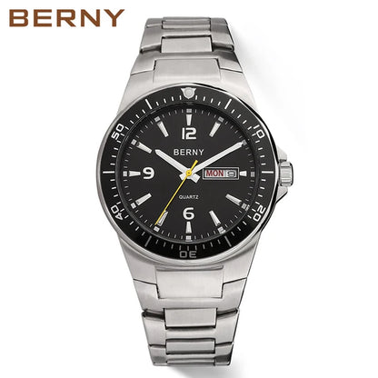 BERNY Men'S Watches Calendar Date Week Quartz Full Stainless Steel Watch for Men Retro Business Waterproof Male Wristwatch