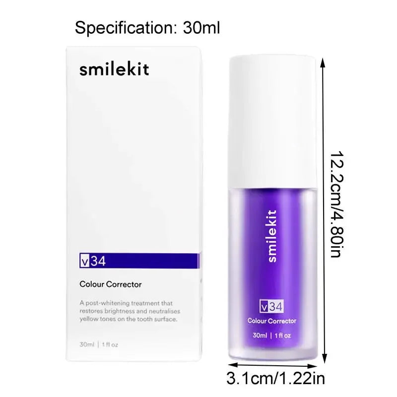 V34 30Ml SMILEKIT Purple Whitening Toothpaste Remove Stains Reduce Yellowing Care for Teeth Gums Fresh Breath Brightening Teeth