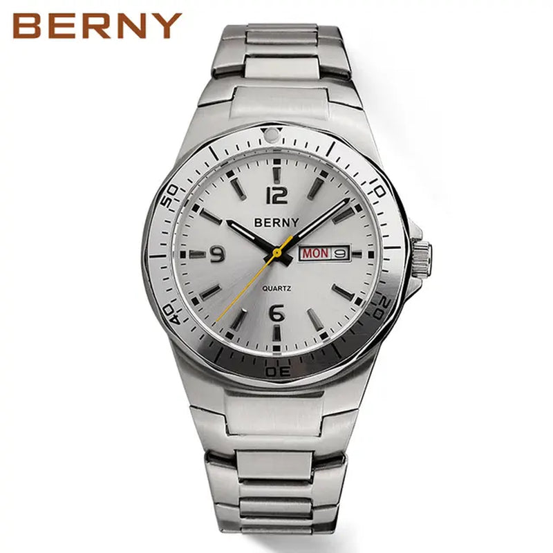 BERNY Men'S Watches Calendar Date Week Quartz Full Stainless Steel Watch for Men Retro Business Waterproof Male Wristwatch