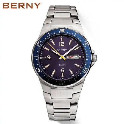 BERNY Men'S Watches Calendar Date Week Quartz Full Stainless Steel Watch for Men Retro Business Waterproof Male Wristwatch