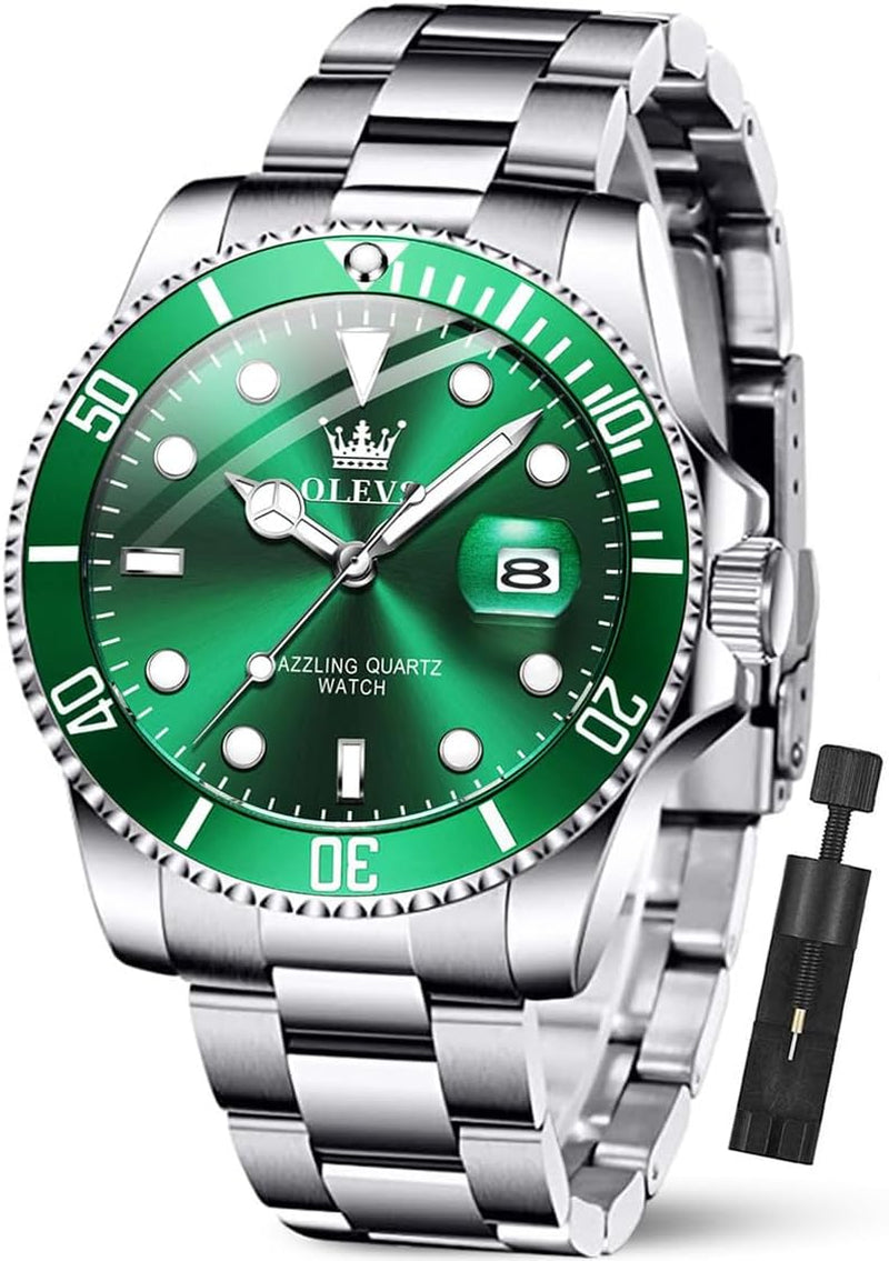 Classic Wrist Watches,Men Business Watches Dress Watch with Day,Green/Black/White/Blue Face,Flywheel Multifunction Luminous Men Stainless Steel Wristwatch