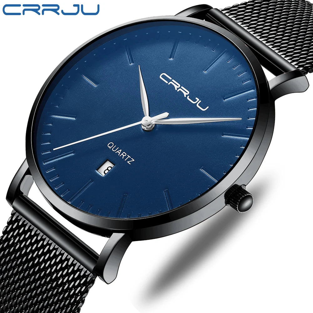 Men Blue Stainless Steel Ultra Thin Watches Men Classic Quartz Watches Luxury Date Men'S Wrist Watch Relogio Masculino